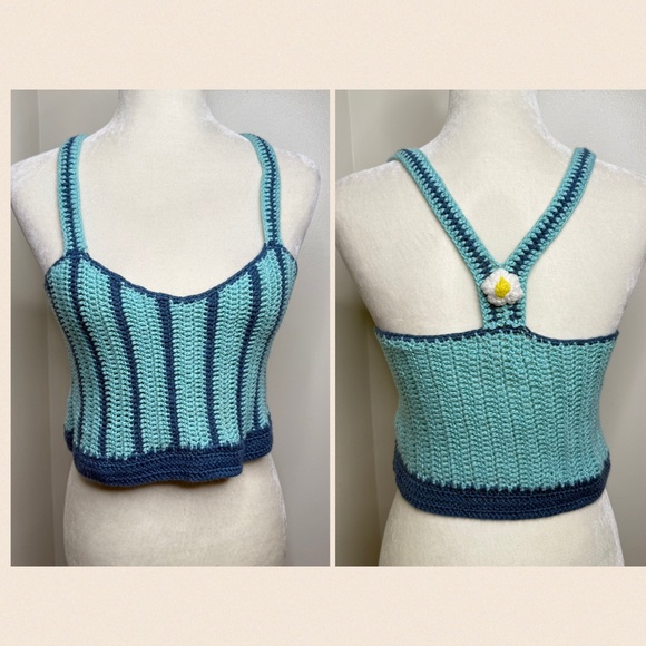 Listicle Crochet Boho Style Cropped Tank Size Small Racerback Blue Festival - Picture 1 of 9